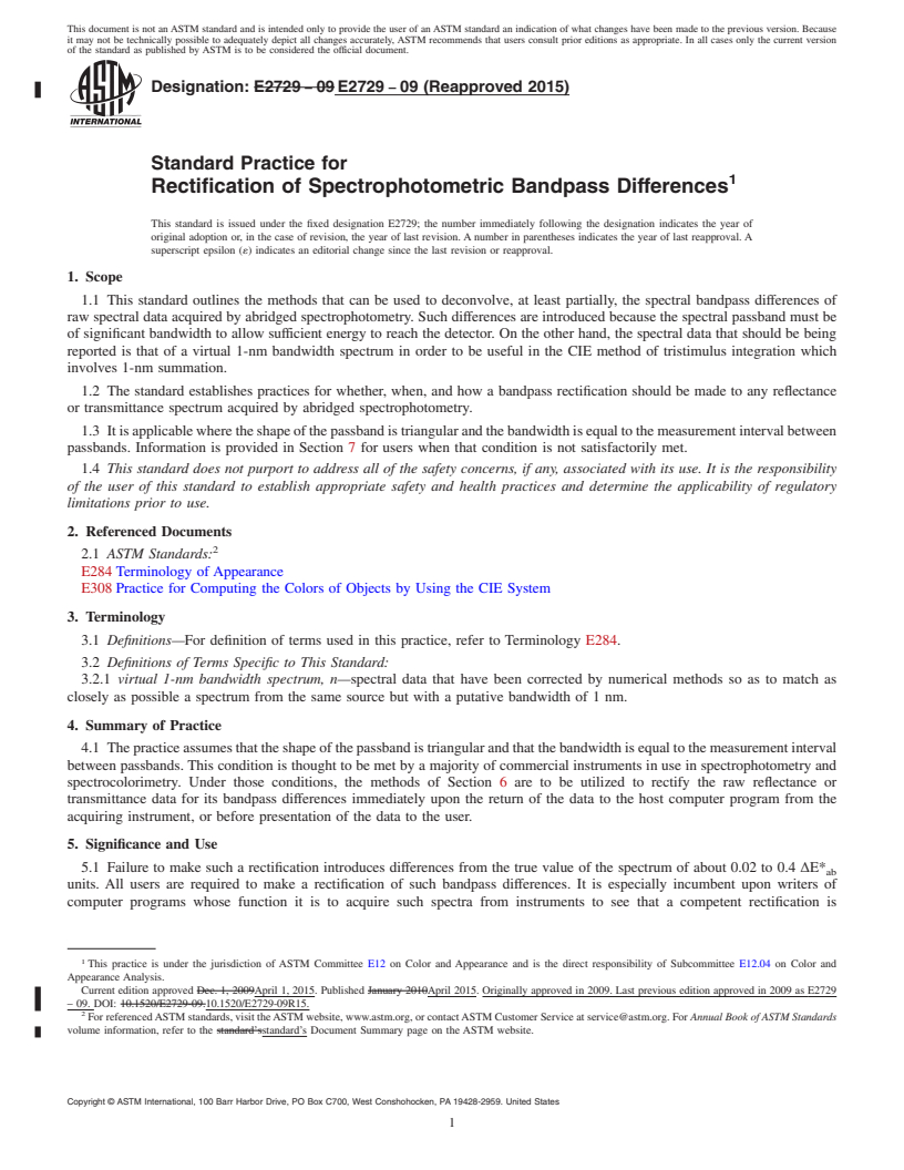 REDLINE ASTM E2729-09(2015) - Standard Practice for Rectification of Spectrophotometric Bandpass Differences