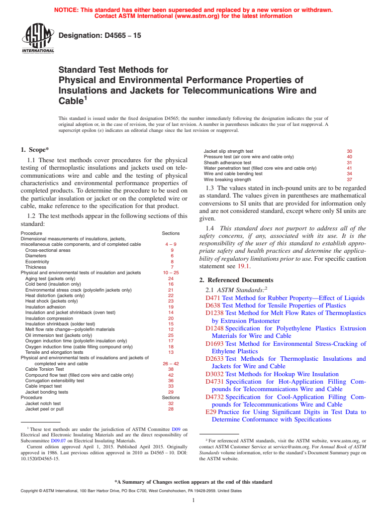 ASTM D4565-15 - Standard Test Methods for  Physical and Environmental Performance Properties of <brk/>Insulations   and Jackets for Telecommunications Wire and Cable