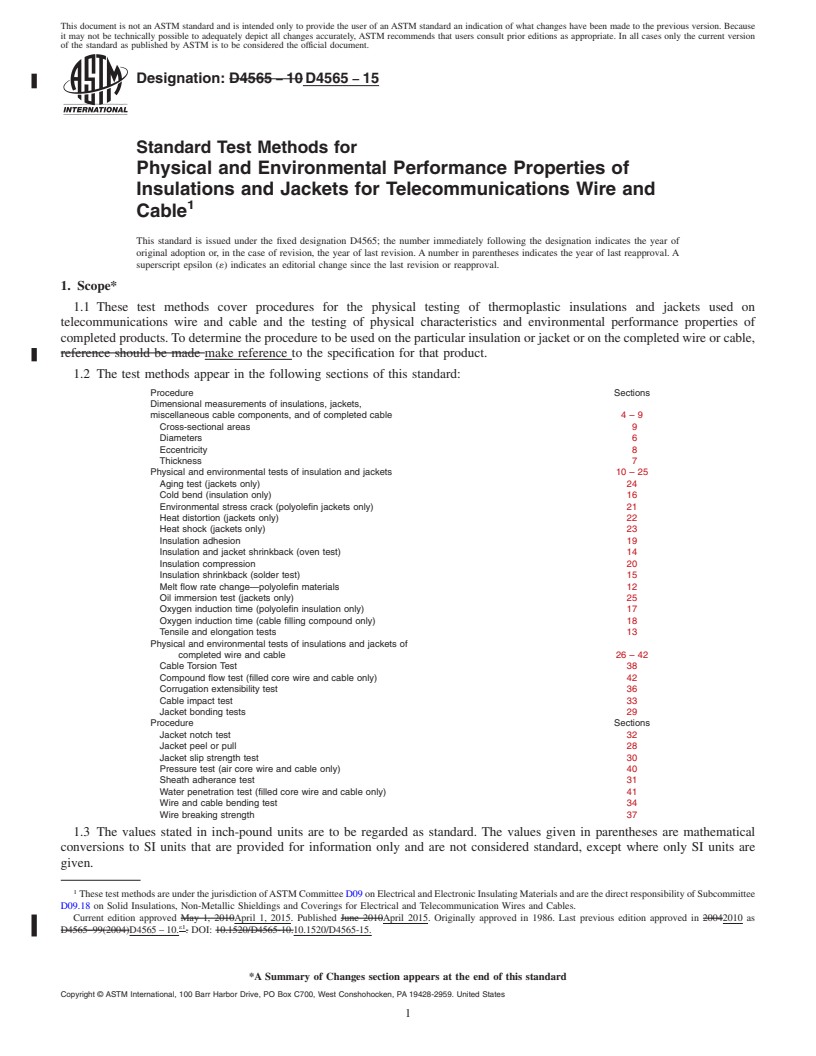 REDLINE ASTM D4565-15 - Standard Test Methods for  Physical and Environmental Performance Properties of <brk/>Insulations   and Jackets for Telecommunications Wire and Cable