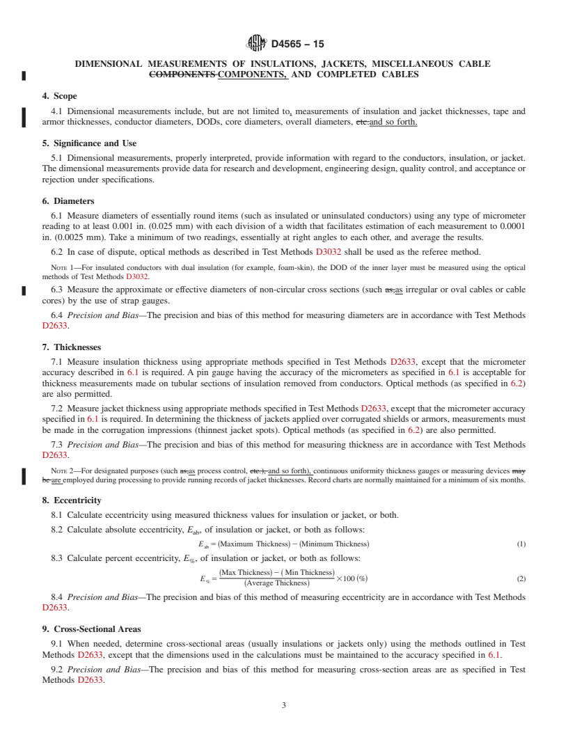 REDLINE ASTM D4565-15 - Standard Test Methods for  Physical and Environmental Performance Properties of <brk/>Insulations   and Jackets for Telecommunications Wire and Cable