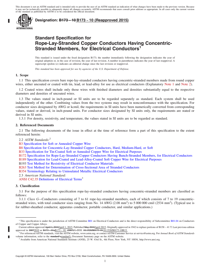 REDLINE ASTM B173-10(2015) - Standard Specification for Rope-Lay-Stranded Copper Conductors Having Concentric-Stranded   Members, for Electrical Conductors