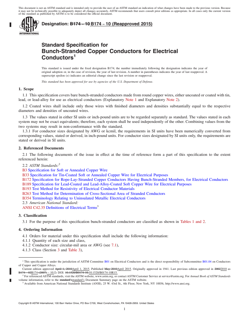 REDLINE ASTM B174-10(2015) - Standard Specification for Bunch-Stranded Copper Conductors for Electrical Conductors