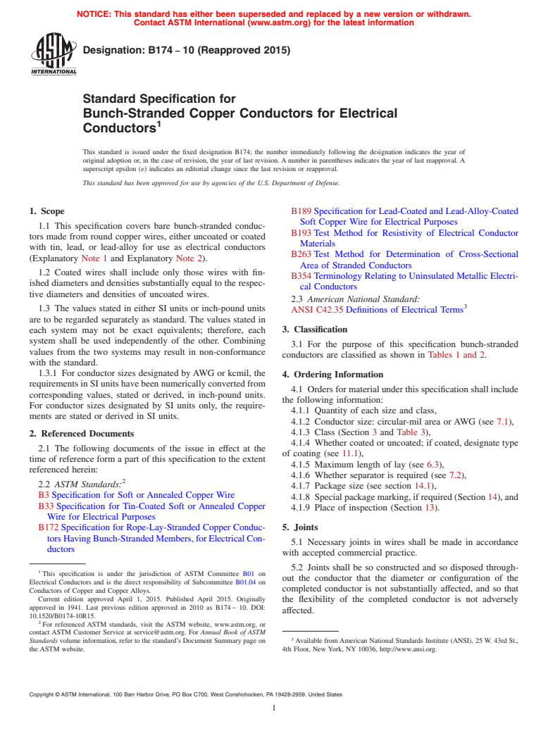 ASTM B174-10(2015) - Standard Specification for Bunch-Stranded Copper Conductors for Electrical Conductors