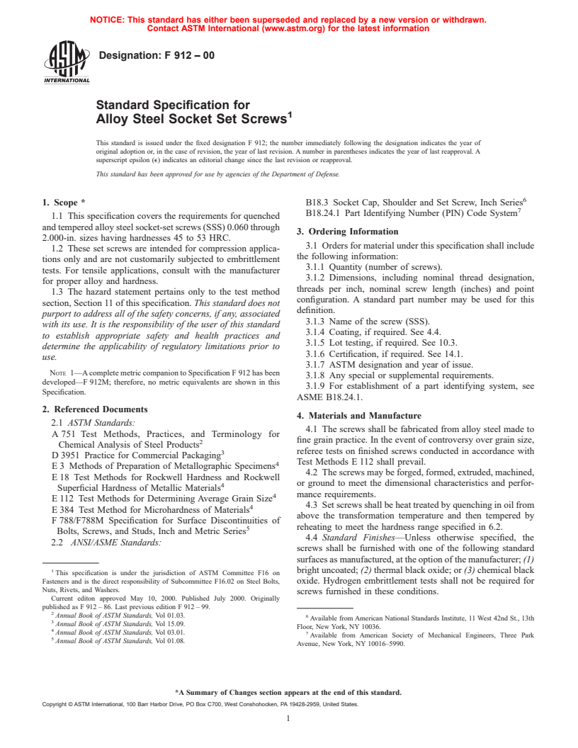 ASTM F912-00 - Standard Specification for Alloy Steel Socket Set Screws