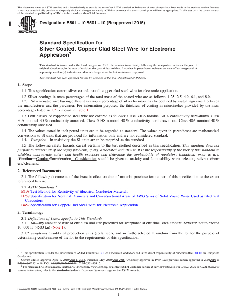 REDLINE ASTM B501-10(2015) - Standard Specification for Silver-Coated, Copper-Clad Steel Wire for Electronic Application