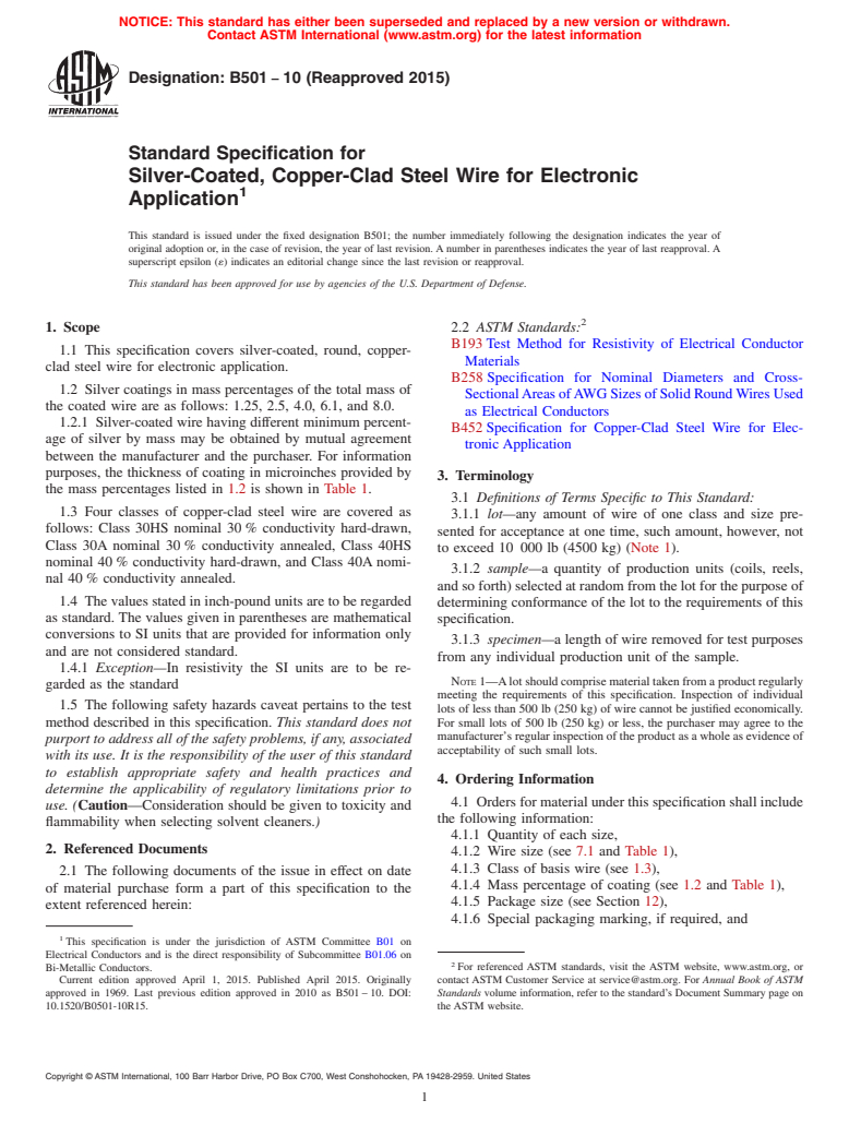 ASTM B501-10(2015) - Standard Specification for Silver-Coated, Copper-Clad Steel Wire for Electronic Application