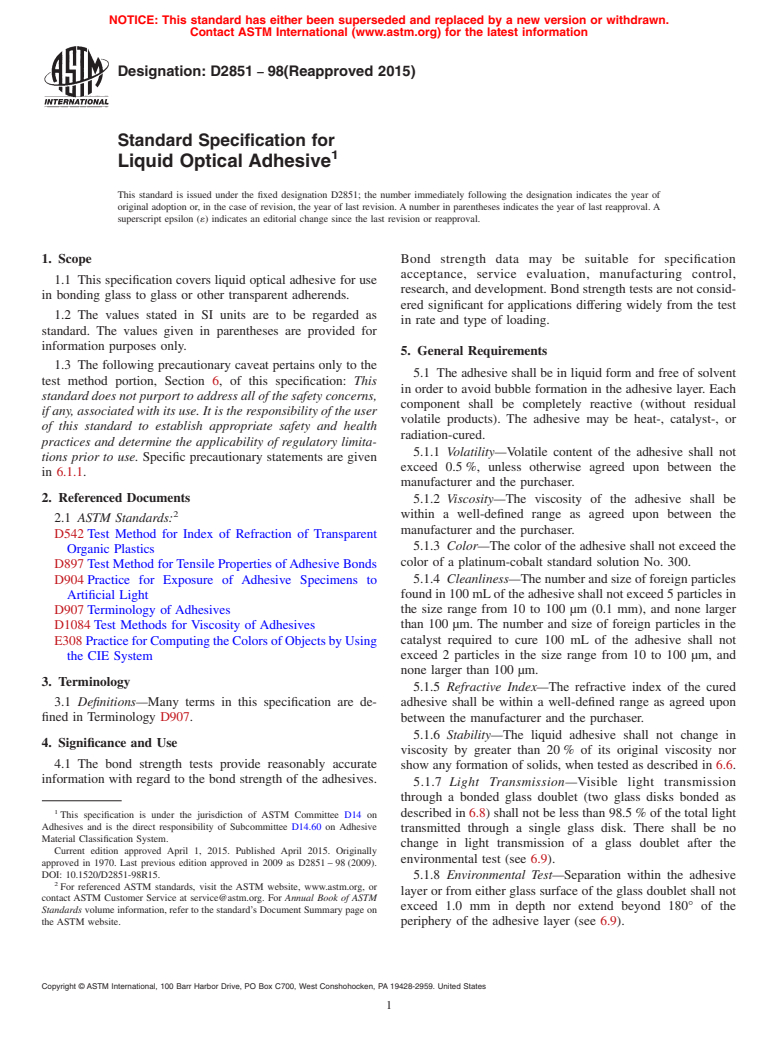 ASTM D2851-98(2015) - Standard Specification for Liquid Optical Adhesive