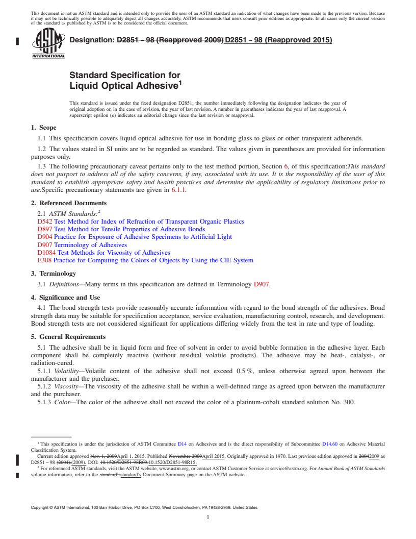 REDLINE ASTM D2851-98(2015) - Standard Specification for Liquid Optical Adhesive