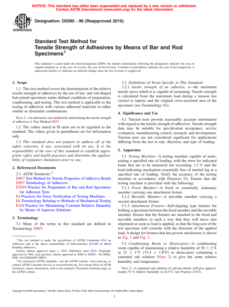 ASTM D2095-96(2015) - Standard Test Method for Tensile Strength of Adhesives by Means of Bar and Rod Specimens