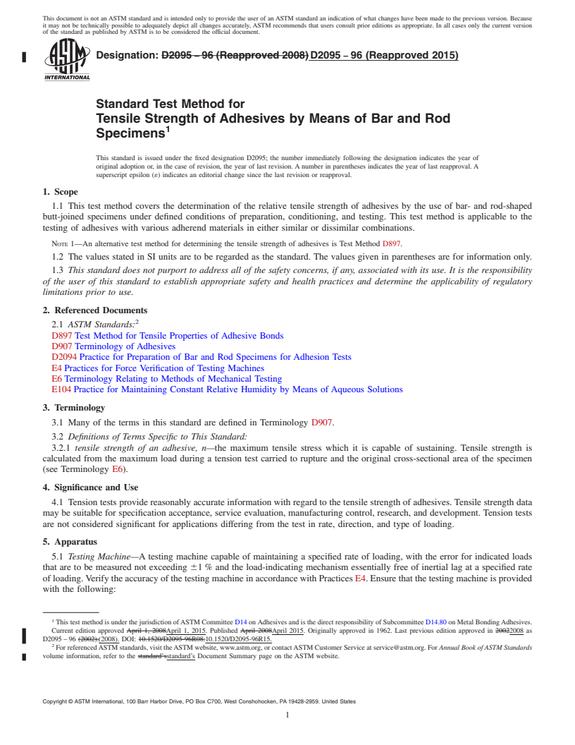 REDLINE ASTM D2095-96(2015) - Standard Test Method for Tensile Strength of Adhesives by Means of Bar and Rod Specimens