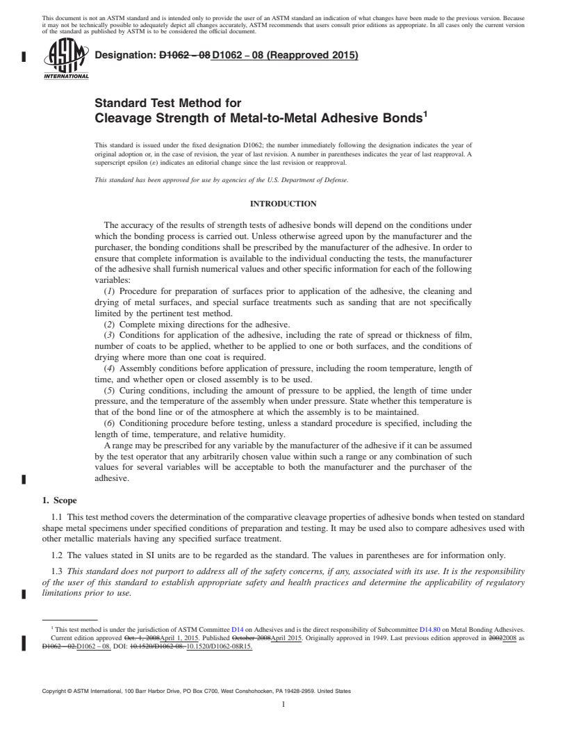 REDLINE ASTM D1062-08(2015) - Standard Test Method for Cleavage Strength of Metal-to-Metal Adhesive Bonds