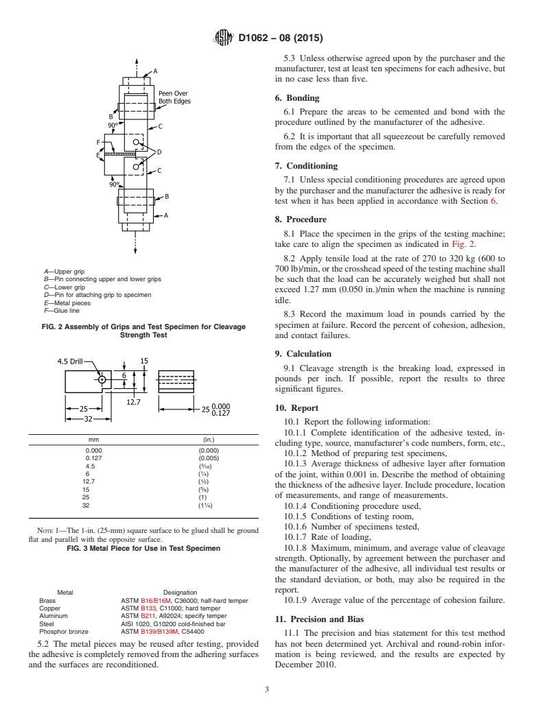 ASTM D1062-08(2015) - Standard Test Method for Cleavage Strength of Metal-to-Metal Adhesive Bonds