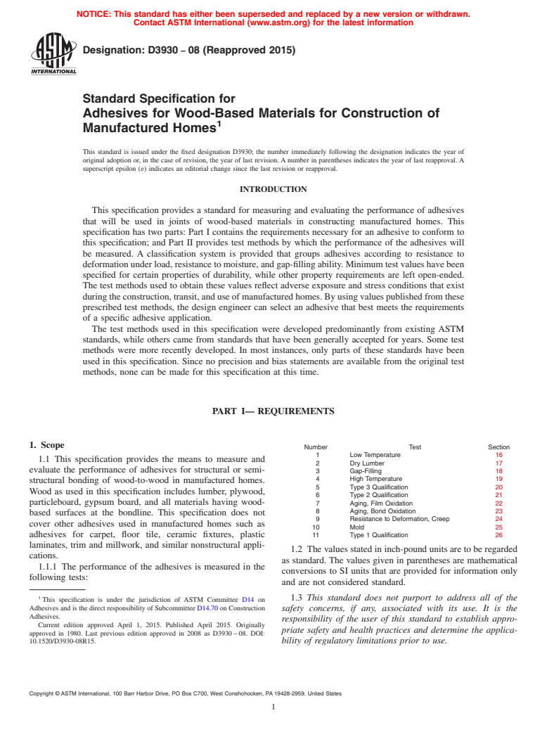 ASTM D3930-08(2015) - Standard Specification for Adhesives for Wood-Based Materials for Construction of Manufactured        Homes