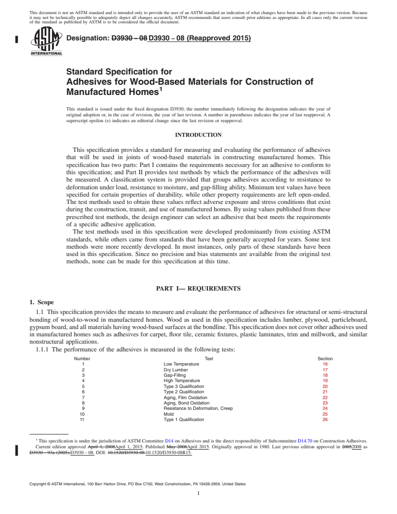 REDLINE ASTM D3930-08(2015) - Standard Specification for Adhesives for Wood-Based Materials for Construction of Manufactured        Homes