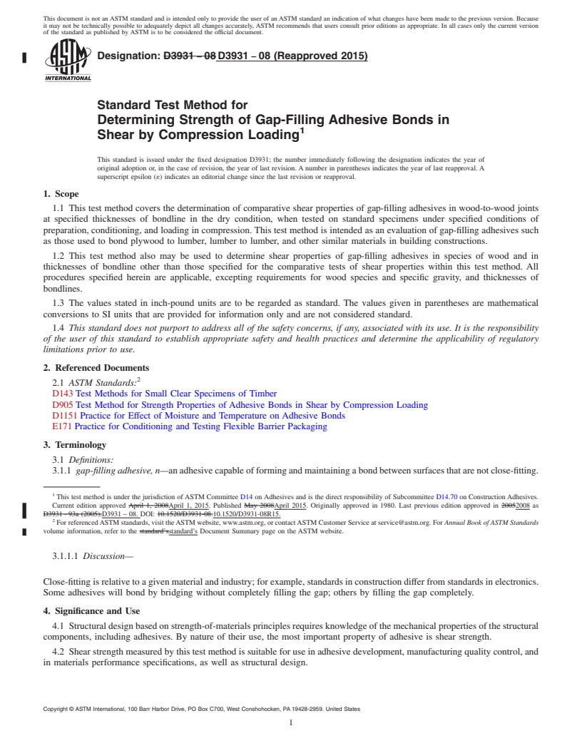 REDLINE ASTM D3931-08(2015) - Standard Test Method for Determining Strength of Gap-Filling Adhesive Bonds in Shear  by Compression    Loading