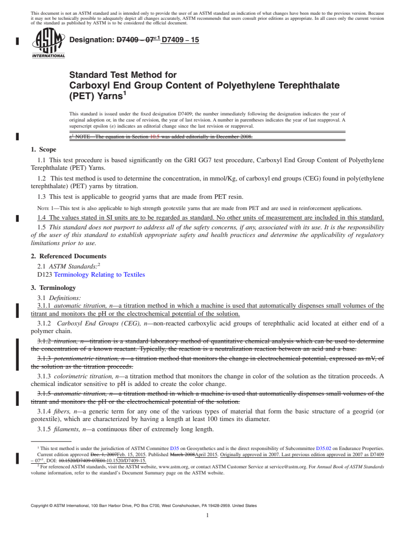 REDLINE ASTM D7409-15 - Standard Test Method for Carboxyl End Group Content of Polyethylene Terephthalate (PET)  Yarns