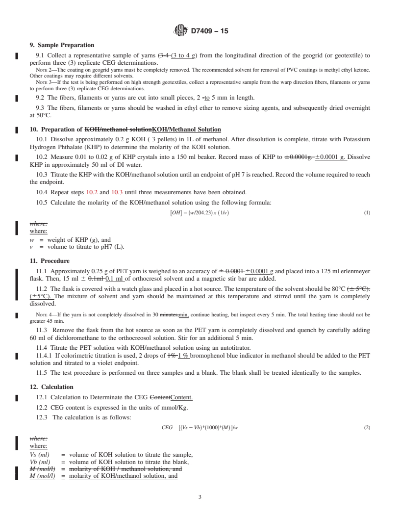 REDLINE ASTM D7409-15 - Standard Test Method for Carboxyl End Group Content of Polyethylene Terephthalate (PET)  Yarns