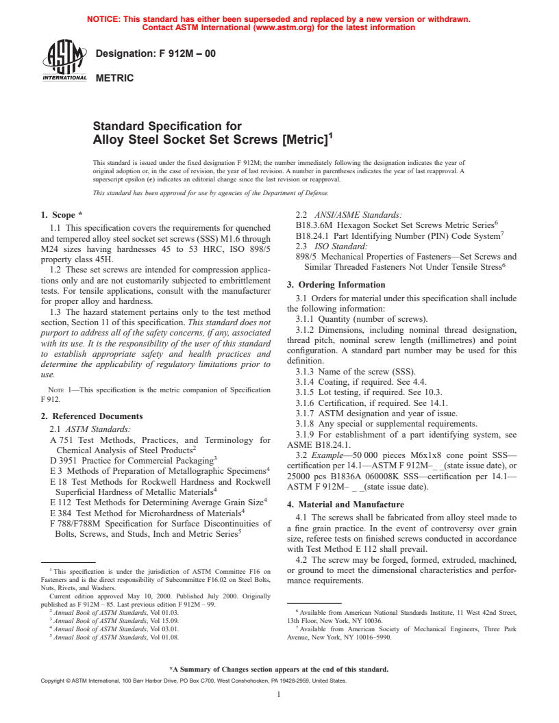 ASTM F912M-00 - Standard Specification for Alloy Steel Socket Set Screws [Metric]