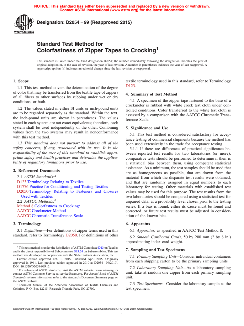 ASTM D2054-99(2015) - Standard Test Method for  Colorfastness of Zipper Tapes to Crocking