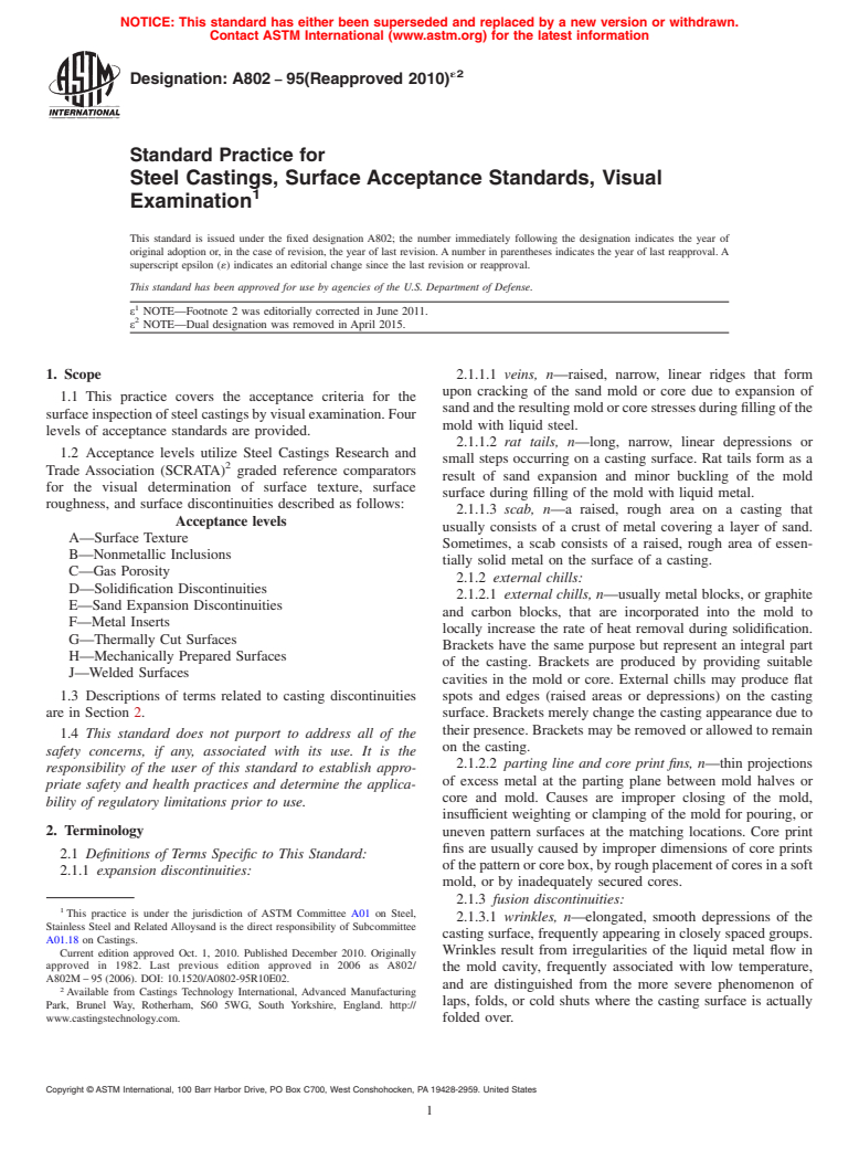 ASTM A802-95(2010)e2 - Standard Practice for  Steel Castings, Surface Acceptance Standards, Visual Examination