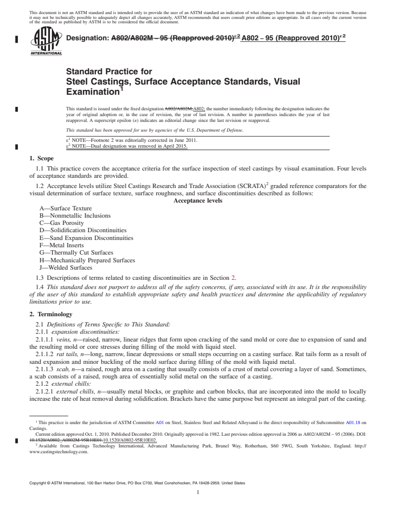 REDLINE ASTM A802-95(2010)e2 - Standard Practice for  Steel Castings, Surface Acceptance Standards, Visual Examination