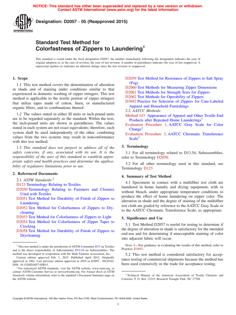 ASTM D2057-05(2015) - Standard Test Method for  Colorfastness of Zippers to Laundering