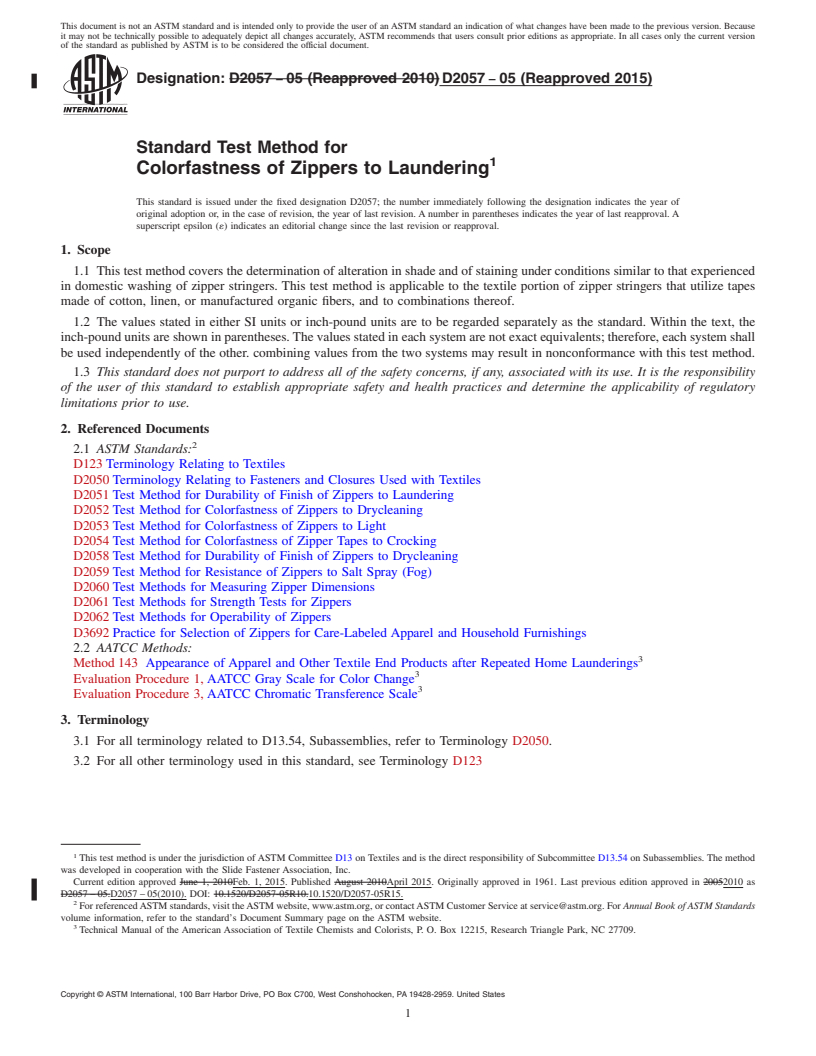 REDLINE ASTM D2057-05(2015) - Standard Test Method for  Colorfastness of Zippers to Laundering