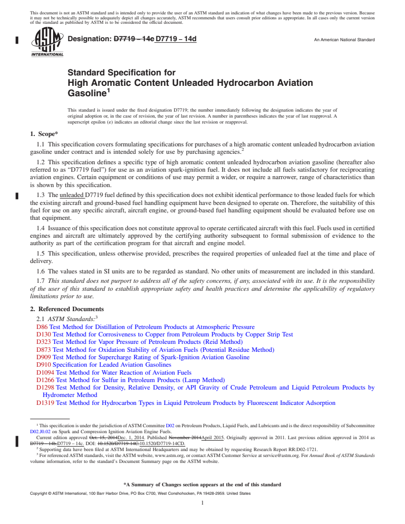 REDLINE ASTM D7719-14d - Standard Specification for  High Aromatic Content Unleaded Hydrocarbon Aviation Gasoline