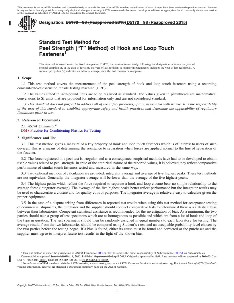 REDLINE ASTM D5170-98(2015) - Standard Test Method for  Peel Strength (&ldquo;T&rdquo; Method) of Hook and Loop Touch  Fasteners