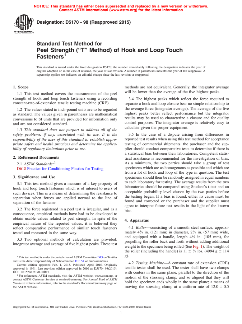 ASTM D5170-98(2015) - Standard Test Method for  Peel Strength (&ldquo;T&rdquo; Method) of Hook and Loop Touch  Fasteners