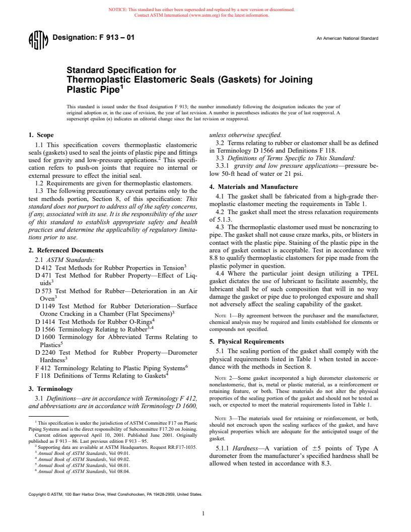 ASTM F913-01 - Standard Specification for Thermoplastic Elastomeric Seals (Gaskets) for Joining Plastic Pipe