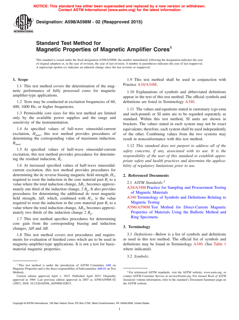 ASTM A598/A598M-02(2015) - Standard Test Method for Magnetic Properties of Magnetic Amplifier Cores