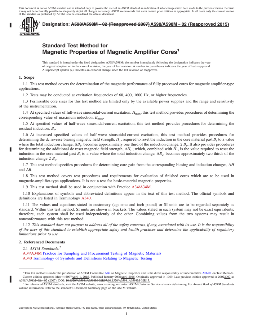 REDLINE ASTM A598/A598M-02(2015) - Standard Test Method for Magnetic Properties of Magnetic Amplifier Cores