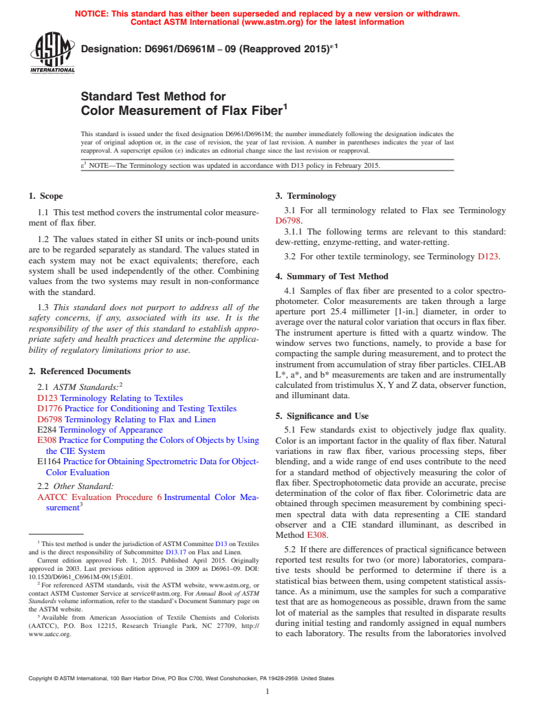 ASTM D6961/D6961M-09(2015)e1 - Standard Test Method for  Color Measurement of Flax Fiber