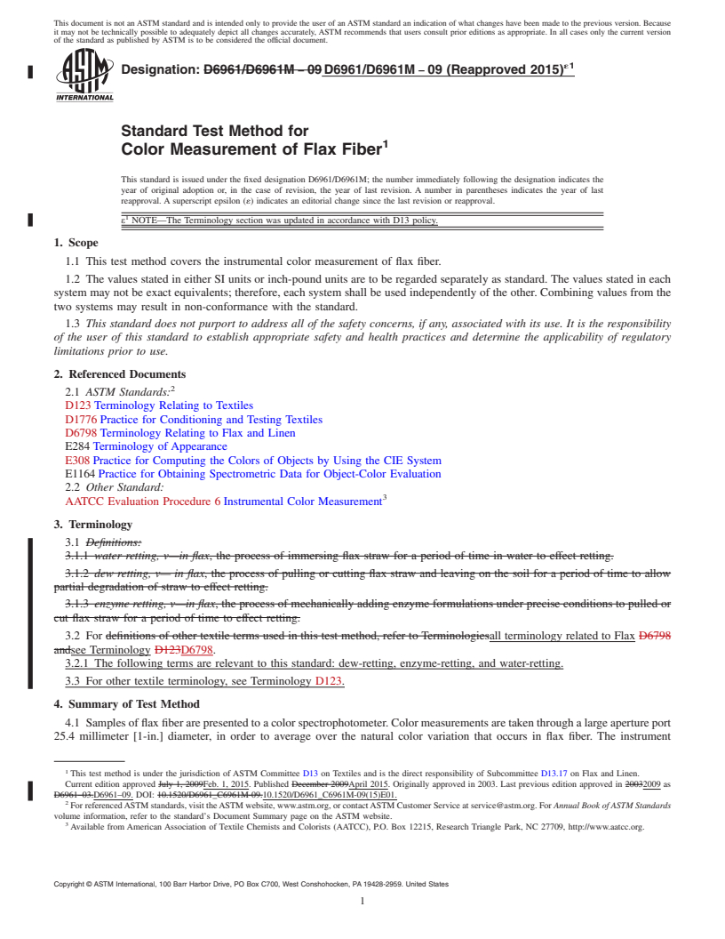 REDLINE ASTM D6961/D6961M-09(2015)e1 - Standard Test Method for  Color Measurement of Flax Fiber