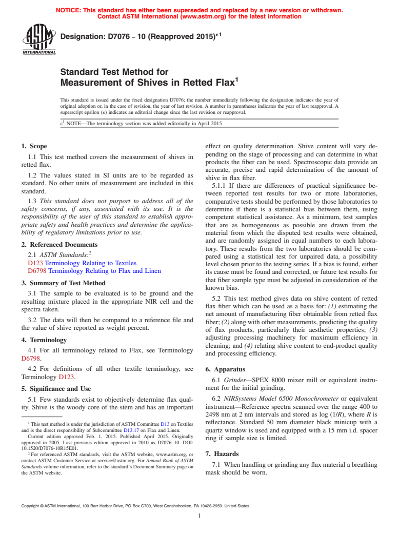 ASTM D7076-10(2015)e1 - Standard Test Method for  Measurement of Shives in Retted Flax