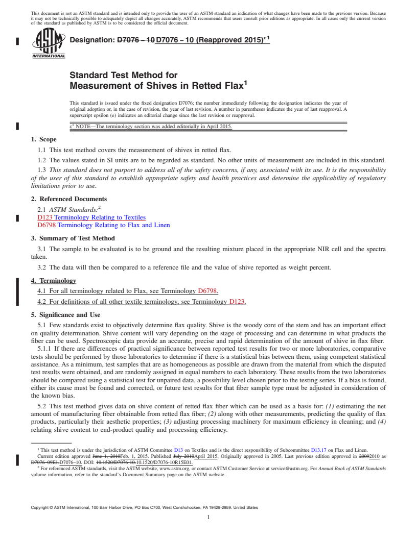 REDLINE ASTM D7076-10(2015)e1 - Standard Test Method for  Measurement of Shives in Retted Flax