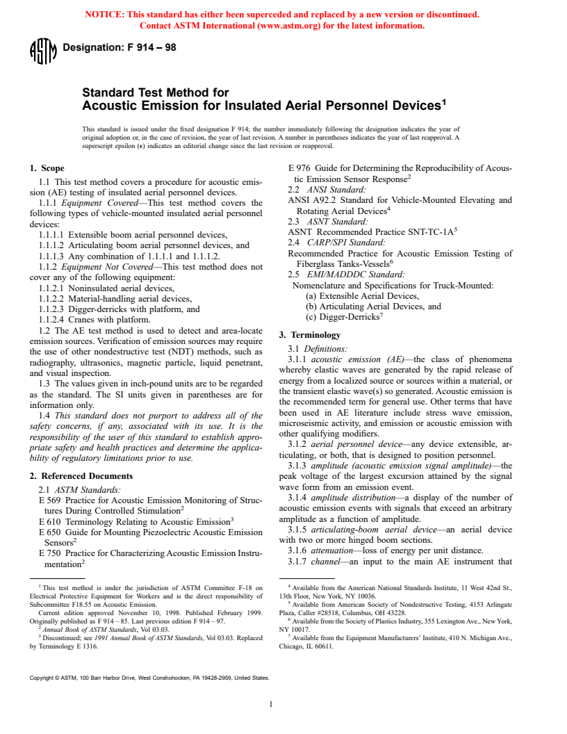 ASTM F914-98 - Standard Test Method for Acoustic Emission for Insulated Aerial Personnel Devices