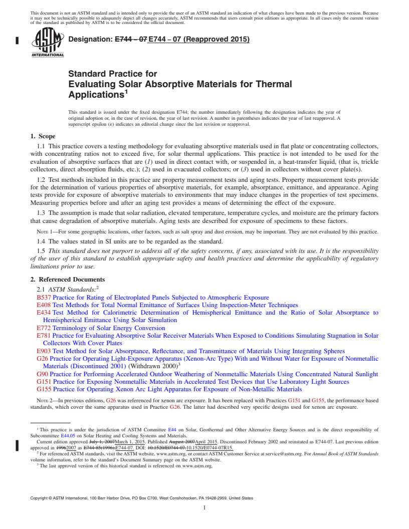 REDLINE ASTM E744-07(2015) - Standard Practice for  Evaluating Solar Absorptive Materials for Thermal Applications