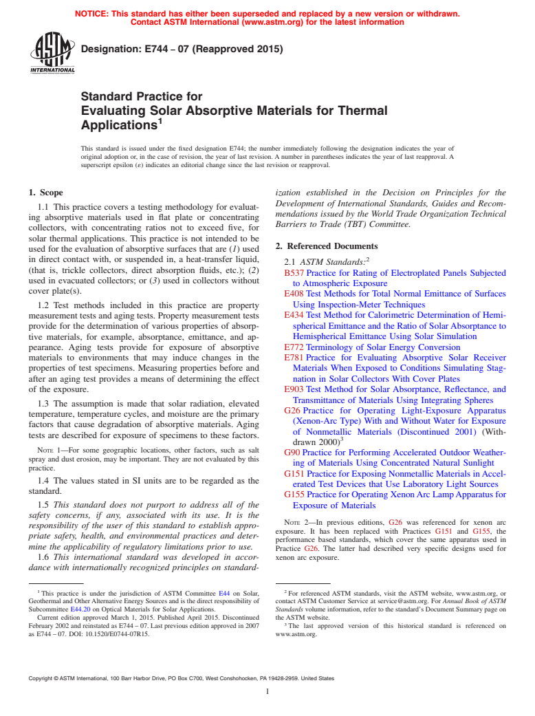 ASTM E744-07(2015) - Standard Practice for  Evaluating Solar Absorptive Materials for Thermal Applications