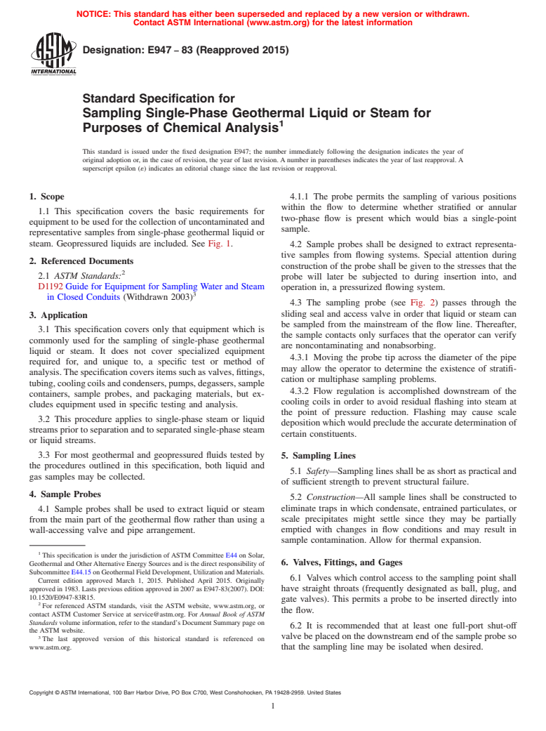 ASTM E947-83(2015) - Standard Specification for  Sampling Single-Phase Geothermal Liquid or Steam for Purposes  of Chemical Analysis