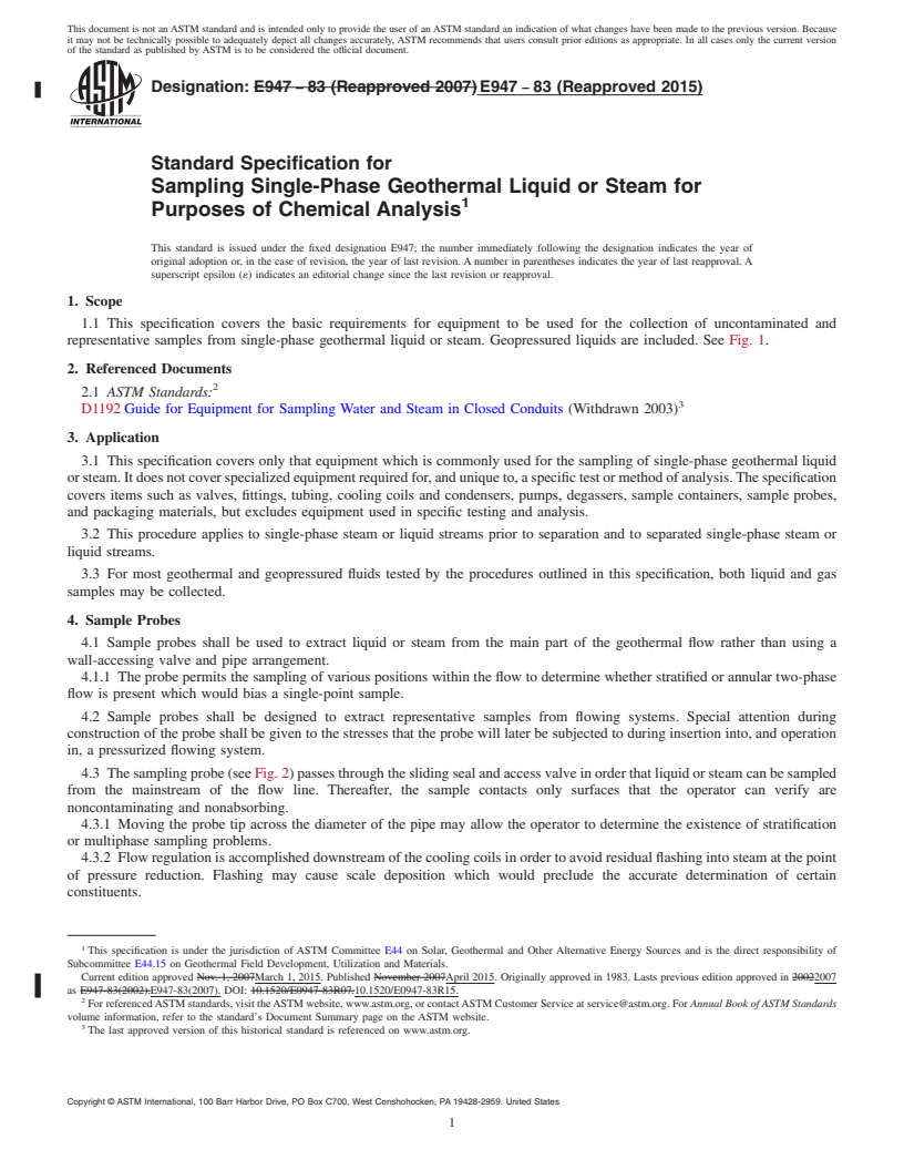 REDLINE ASTM E947-83(2015) - Standard Specification for  Sampling Single-Phase Geothermal Liquid or Steam for Purposes  of Chemical Analysis