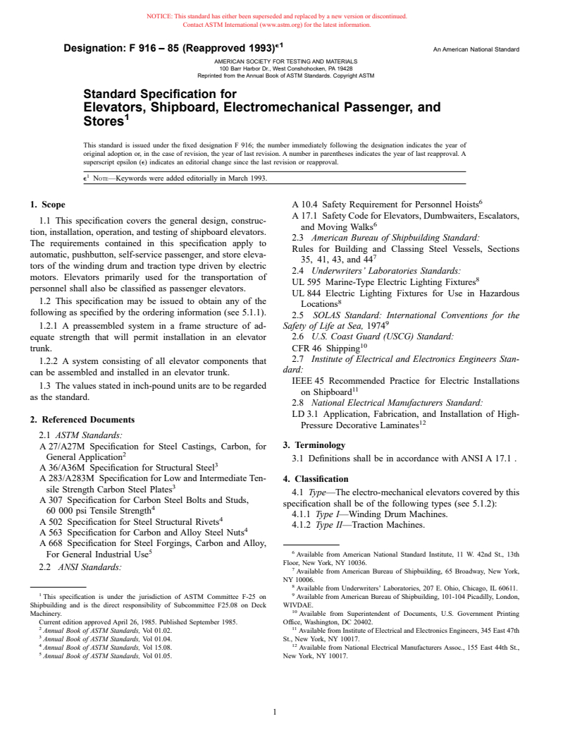 ASTM F916-85(1993)e1 - Standard Specification for Elevators, Shipboard, Electromechanical Passenger, and Stores (Withdrawn 2002)