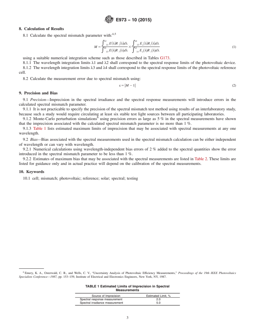 REDLINE ASTM E973-10(2015) - Standard Test Method for  Determination of the Spectral Mismatch Parameter Between a  Photovoltaic Device and a Photovoltaic Reference Cell