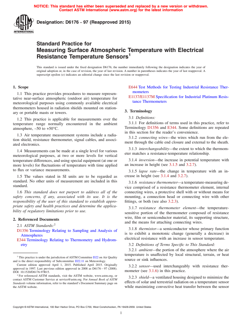 ASTM D6176-97(2015) - Standard Practice for  Measuring Surface Atmospheric Temperature with Electrical Resistance  Temperature Sensors