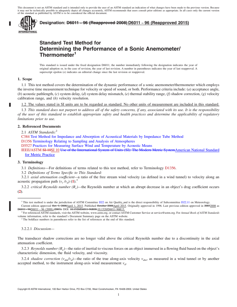 REDLINE ASTM D6011-96(2015) - Standard Test Method for  Determining the Performance of a Sonic Anemometer/Thermometer