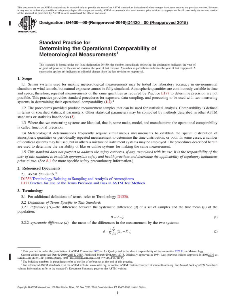 REDLINE ASTM D4430-00(2015) - Standard Practice for  Determining the Operational Comparability of Meteorological  Measurements