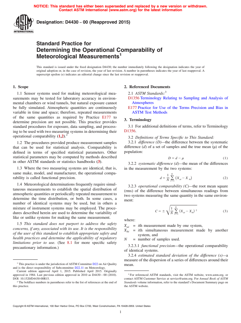 ASTM D4430-00(2015) - Standard Practice for  Determining the Operational Comparability of Meteorological  Measurements