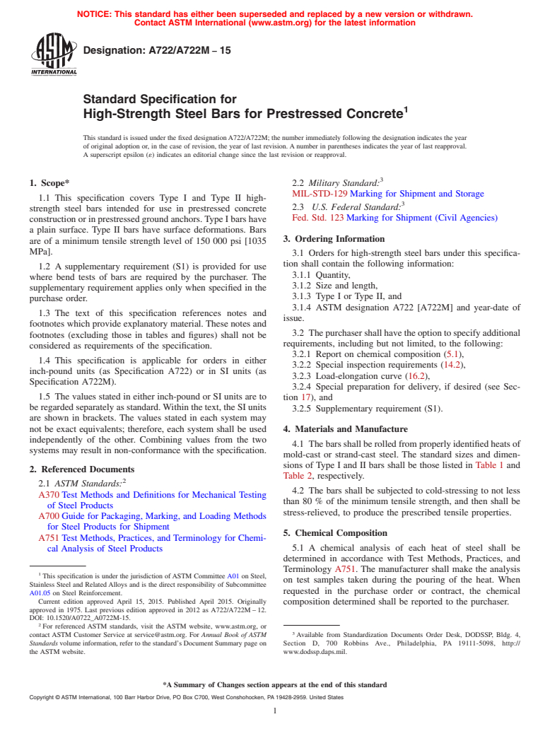 ASTM A722/A722M-15 - Standard Specification for  High-Strength Steel Bars for Prestressed Concrete