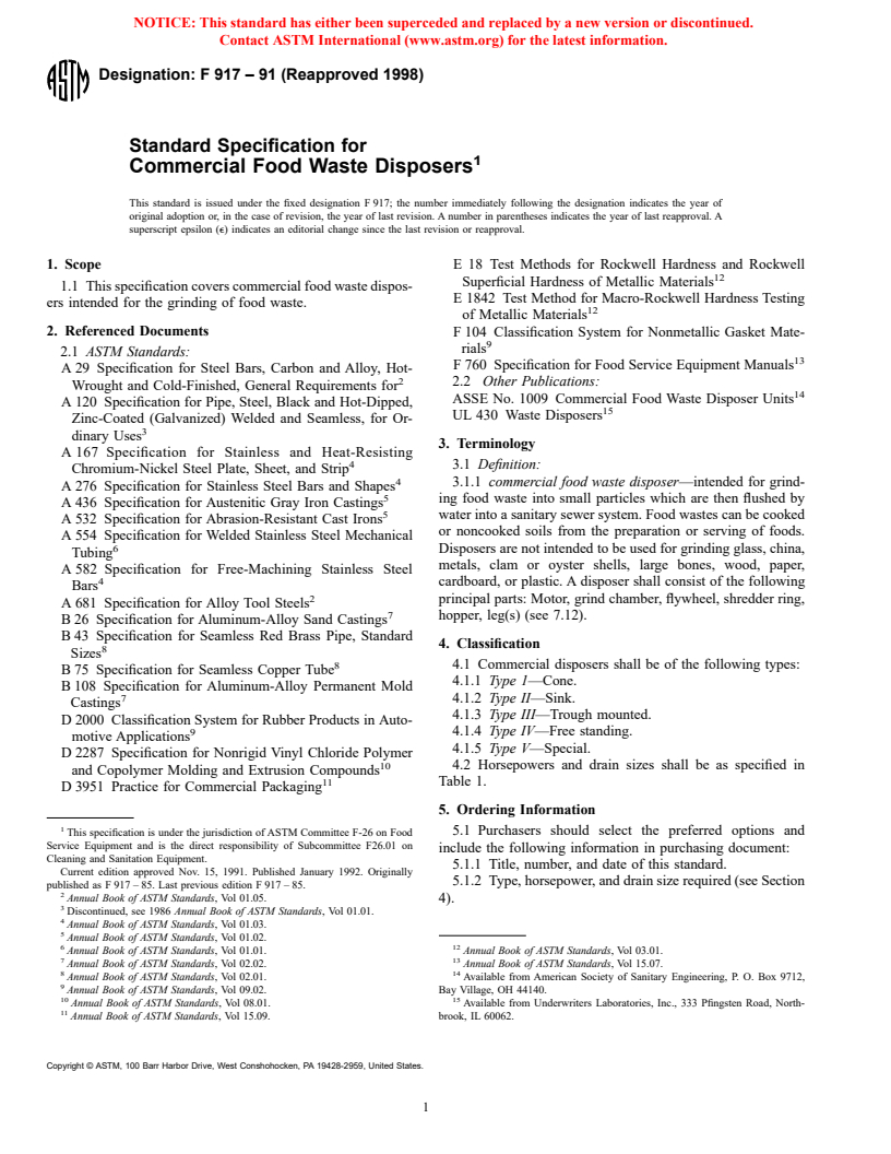 ASTM F917-91(1998) - Standard Specification for Commercial Food Waste Disposers